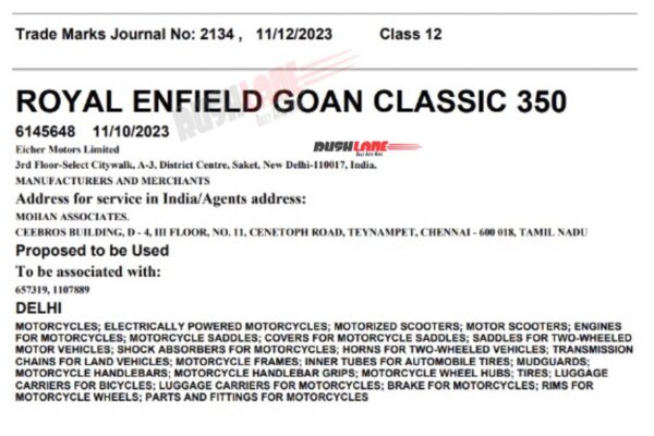 trademarks certificate of Goan Classic 350